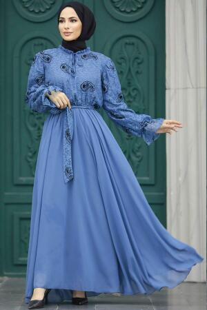 İndigo Blue Hijab Dress 12170IM - NEVA STYLE