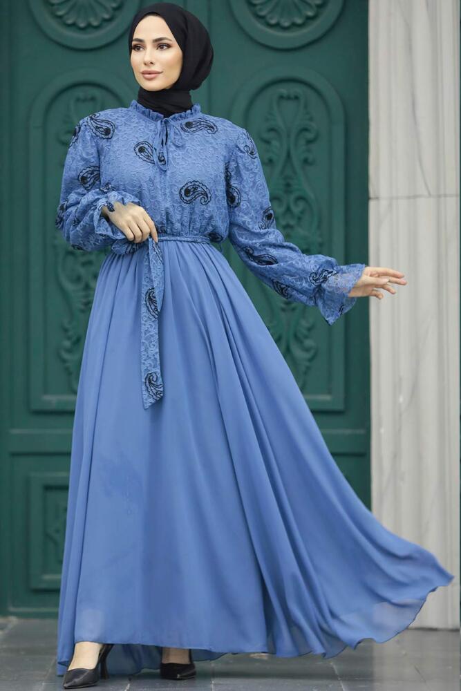İndigo Blue Hijab Dress 12170IM - NEVA STYLE