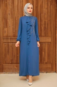 Neva Style - Modern İndigo Blue Islamic Long Sleeve Dress 12951IM - Thumbnail