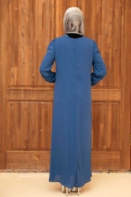 Neva Style - Modern İndigo Blue Islamic Long Sleeve Dress 12951IM - Thumbnail