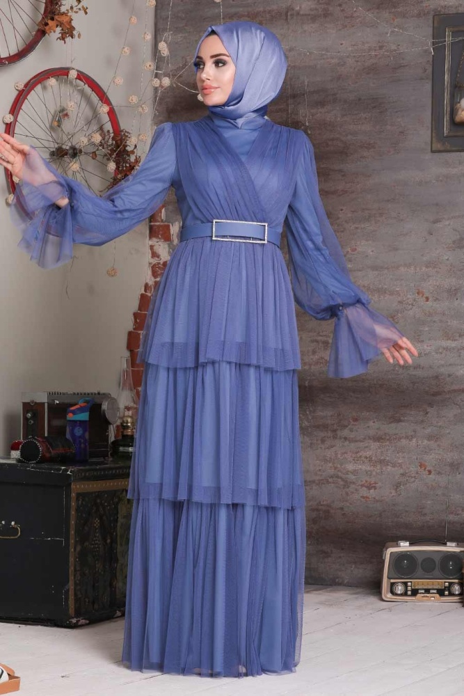 Indigo Blue Hijab Evening Dress 21320IM - 1