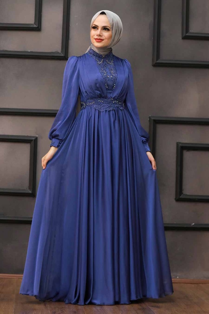 Neva Style - Luxorious İndigo Blue Hijab Evening Dress 21540IM - 2