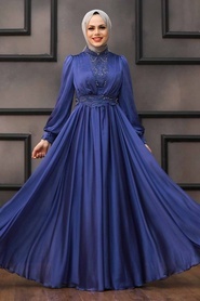 Neva Style - Luxorious İndigo Blue Hijab Evening Dress 21540IM - Thumbnail