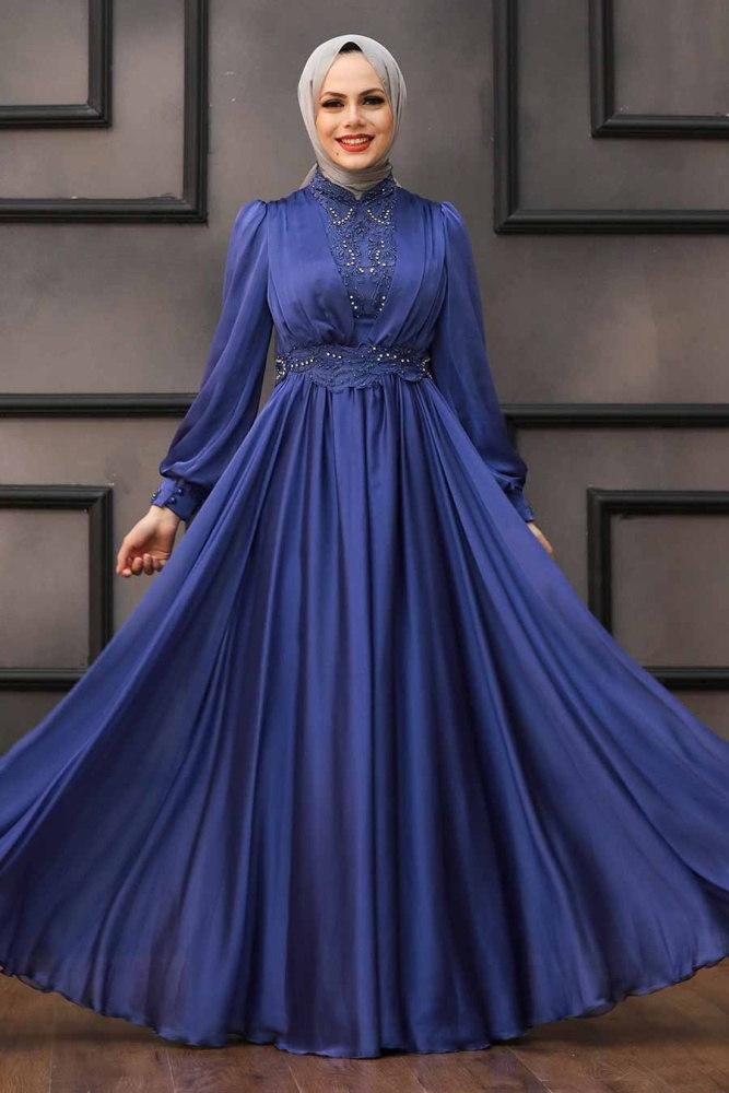 Neva Style - Luxorious İndigo Blue Hijab Evening Dress 21540IM - 1