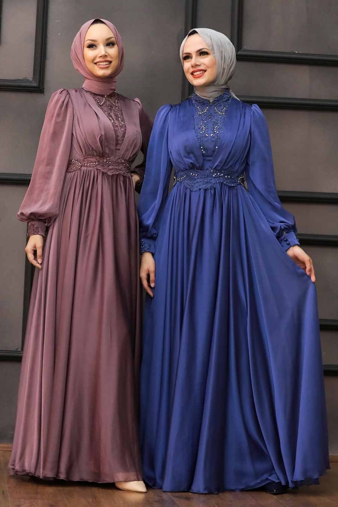 Neva Style - Luxorious İndigo Blue Hijab Evening Dress 21540IM - 3