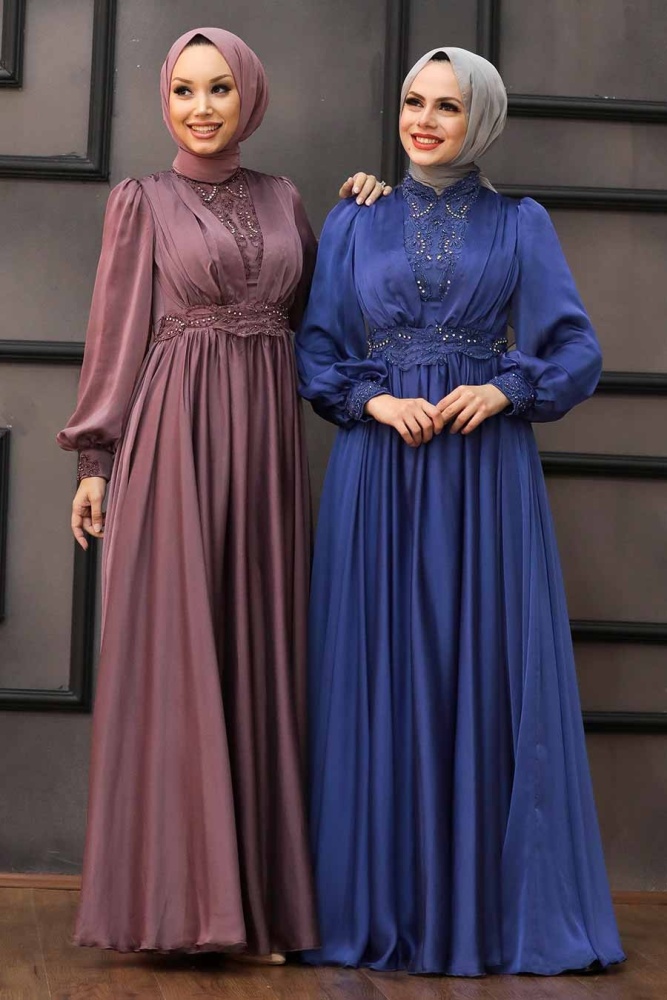 Neva Style - Luxorious İndigo Blue Hijab Evening Dress 21540IM - 4