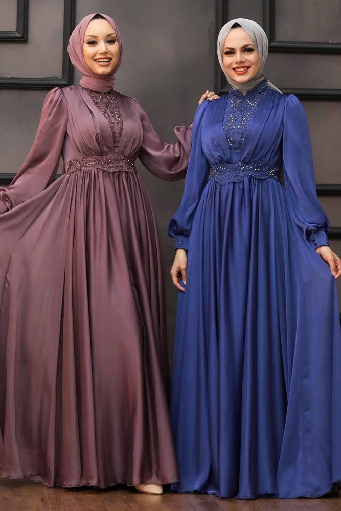 Neva Style - Luxorious İndigo Blue Hijab Evening Dress 21540IM - 5