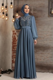 İndigo Blue Hijab Evening Dress 2155IM - Thumbnail