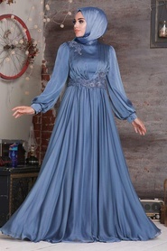 Neva Style - Satin Indigo Blue Islamic Engagement Dress 21630IM - Thumbnail
