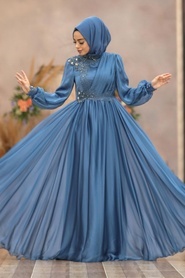 İndigo Blue Hijab Evening Dress 21650IM - Thumbnail