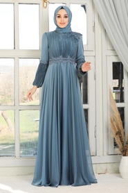 Indigo Blue Hijab Evening Dress 2170IM - Thumbnail