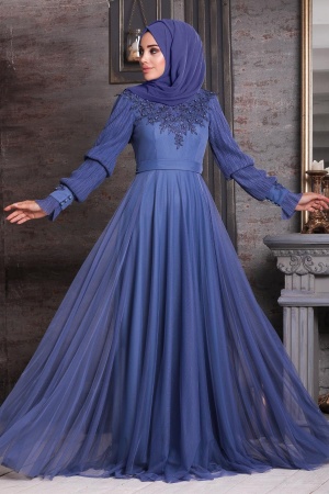 Neva Style - Modern İndigo Blue Islamic Clothing Prom Dress 21780IM - 1