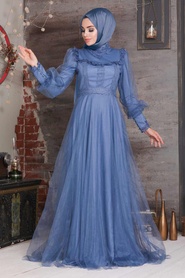 İndigo Blue Hijab Evening Dress 21790IM - Thumbnail