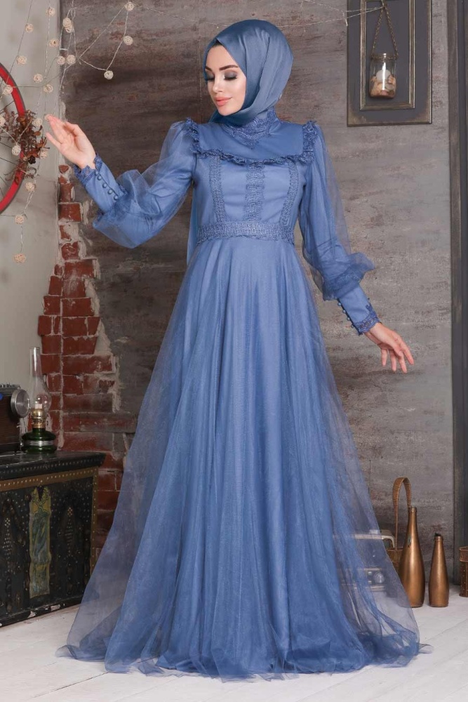 İndigo Blue Hijab Evening Dress 21790IM - 1
