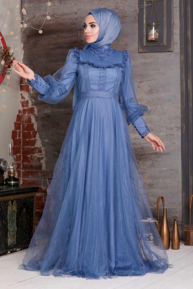 İndigo Blue Hijab Evening Dress 21790IM - 2