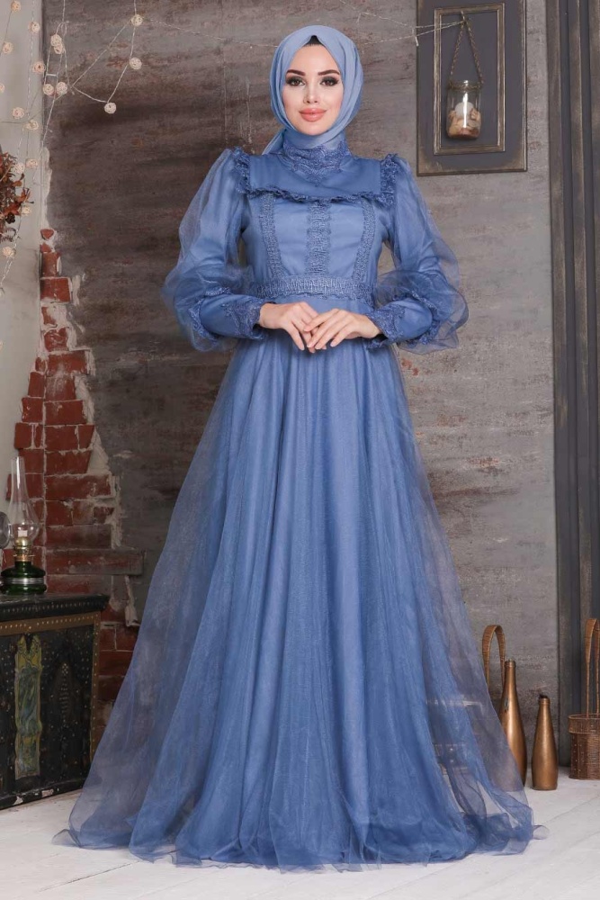 İndigo Blue Hijab Evening Dress 21790IM - 3