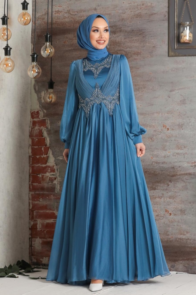 Neva Style - Stylish İndigo Blue Islamic Clothing Evening Dress 21890IM - 2