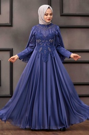 İndigo Blue Hijab Evening Dress 21970IM - Thumbnail