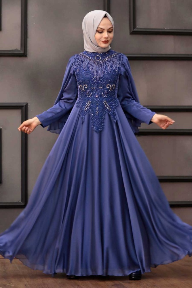 İndigo Blue Hijab Evening Dress 21970IM - 1