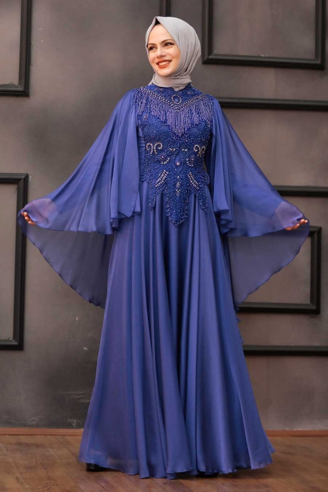İndigo Blue Hijab Evening Dress 21970IM - 2