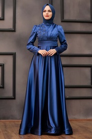 Neva Style - Luxury İndigo Blue Modest Evening Gown 22010IM - Thumbnail
