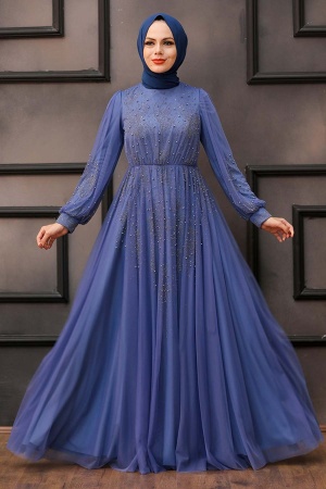 Neva Style - Long İndigo Blue Islamic Wedding Dress 22031IM - 1