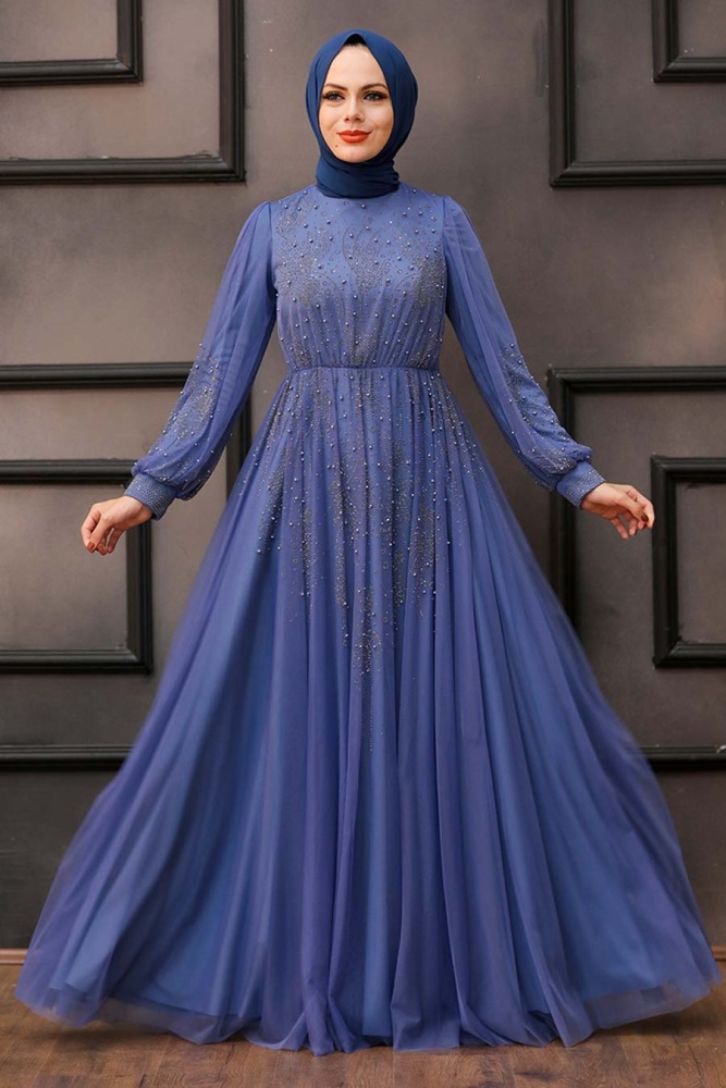 Neva Style - Long İndigo Blue Islamic Wedding Dress 22031IM - 1