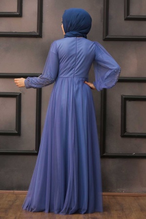Neva Style - Long İndigo Blue Islamic Wedding Dress 22031IM - 2
