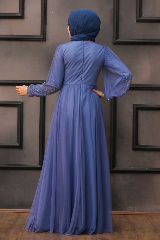 Neva Style - Long İndigo Blue Islamic Wedding Dress 22031IM - 2