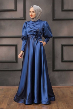 Neva Style - Stylish İndigo Blue Hijab Evening Dress 2205IM - 2