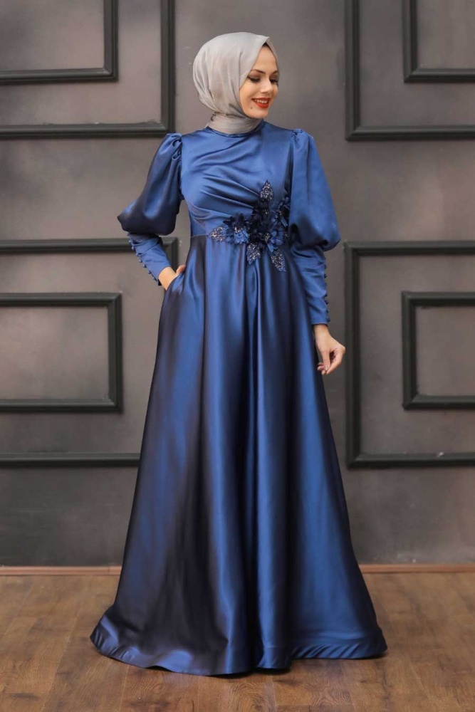 Neva Style - Stylish İndigo Blue Hijab Evening Dress 2205IM - 3