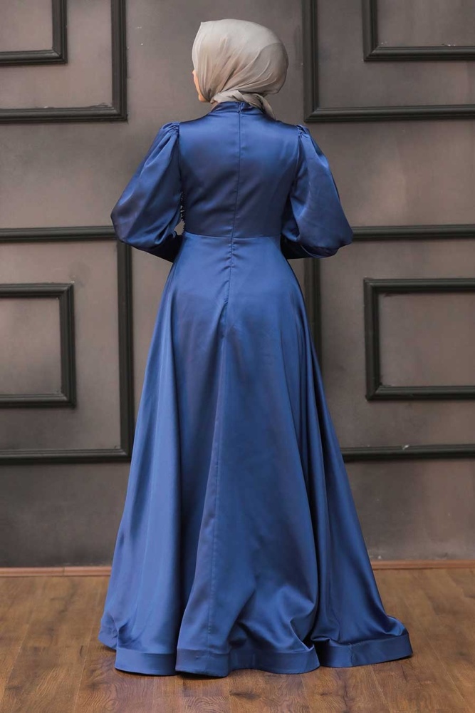 Neva Style - Stylish İndigo Blue Hijab Evening Dress 2205IM - 4