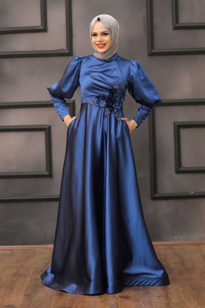 Neva Style - Stylish İndigo Blue Hijab Evening Dress 2205IM - 1