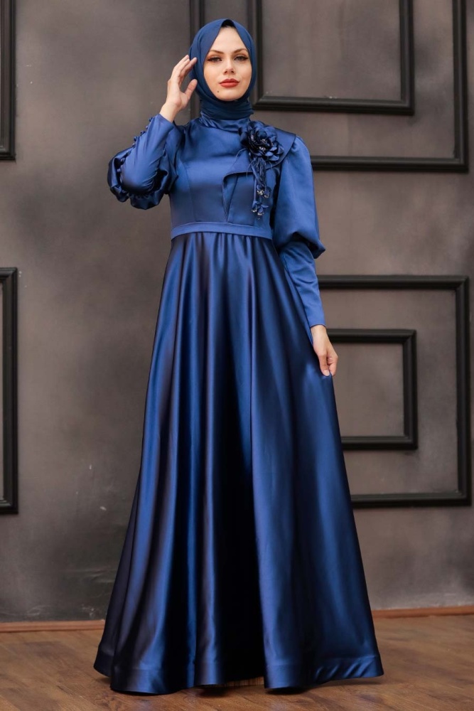 Neva Style - Satin İndigo Blue Muslim Engagement Dress 22080IM - 2