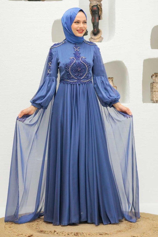 Neva Style - Elegant İndigo Blue Muslim Fashion Evening Dress 2212IM - 2