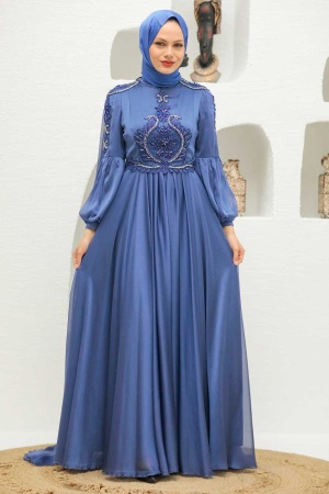 Neva Style - Elegant İndigo Blue Muslim Fashion Evening Dress 2212IM - 3