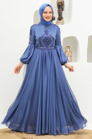 Neva Style - Elegant İndigo Blue Muslim Fashion Evening Dress 2212IM - 4