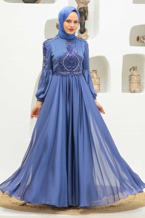 Neva Style - Elegant İndigo Blue Muslim Fashion Evening Dress 2212IM - 1