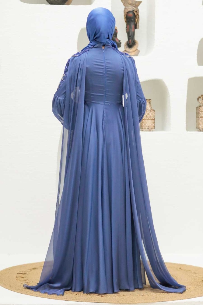 Neva Style - Elegant İndigo Blue Muslim Fashion Evening Dress 2212IM - 5