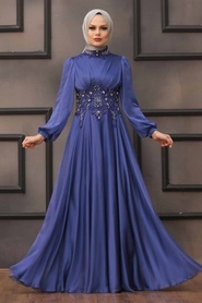 Neva Style - Luxury İndigo Blue Islamic Clothing Evening Dress 22150IM - Thumbnail