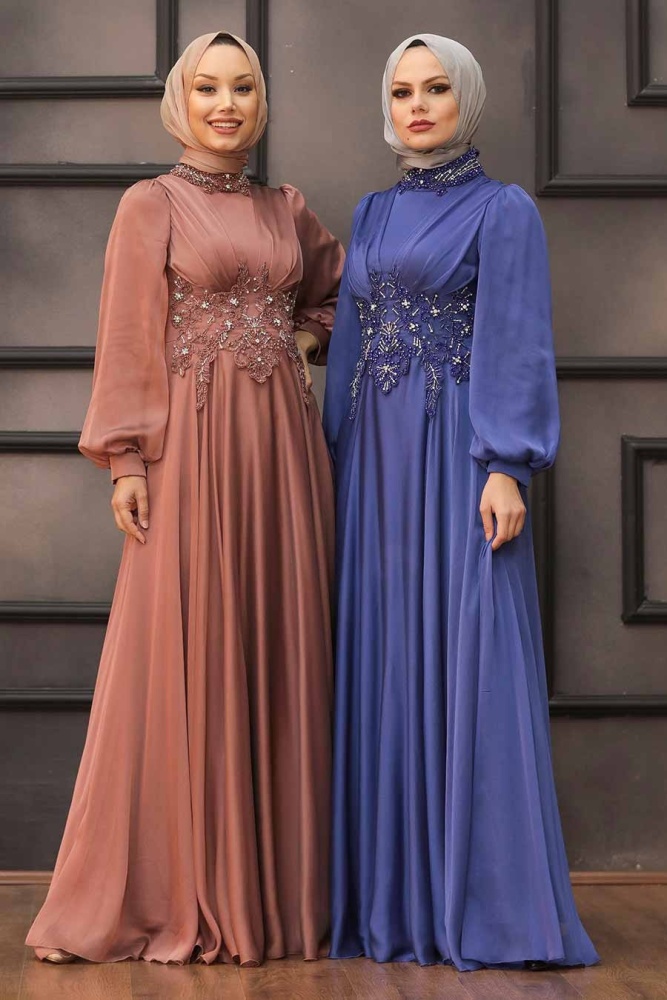 Neva Style - Luxury İndigo Blue Islamic Clothing Evening Dress 22150IM - 3