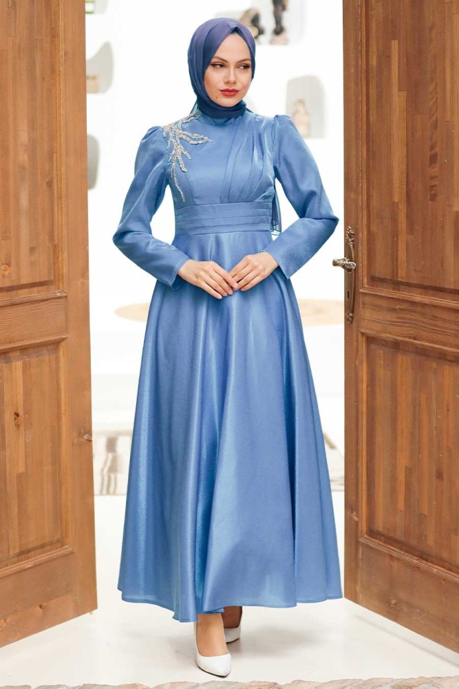 Neva Style - İndigo Blue Turkish Hijab Evening Dress 22301IM - 1