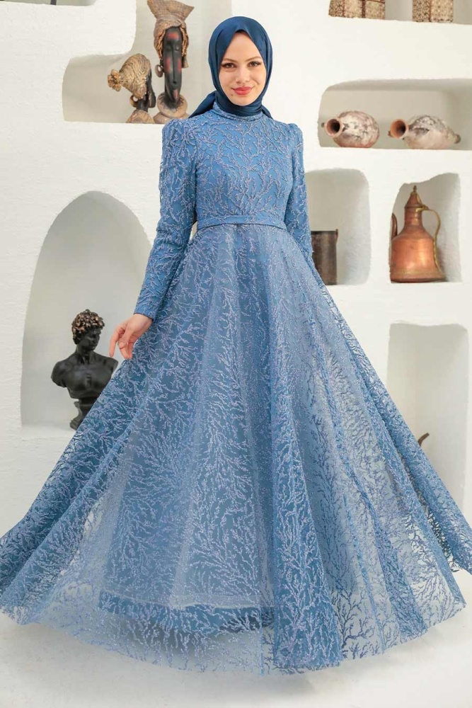 Neva Style - Luxury İndigo Blue Hijab Wedding Gown 22343IM - 1