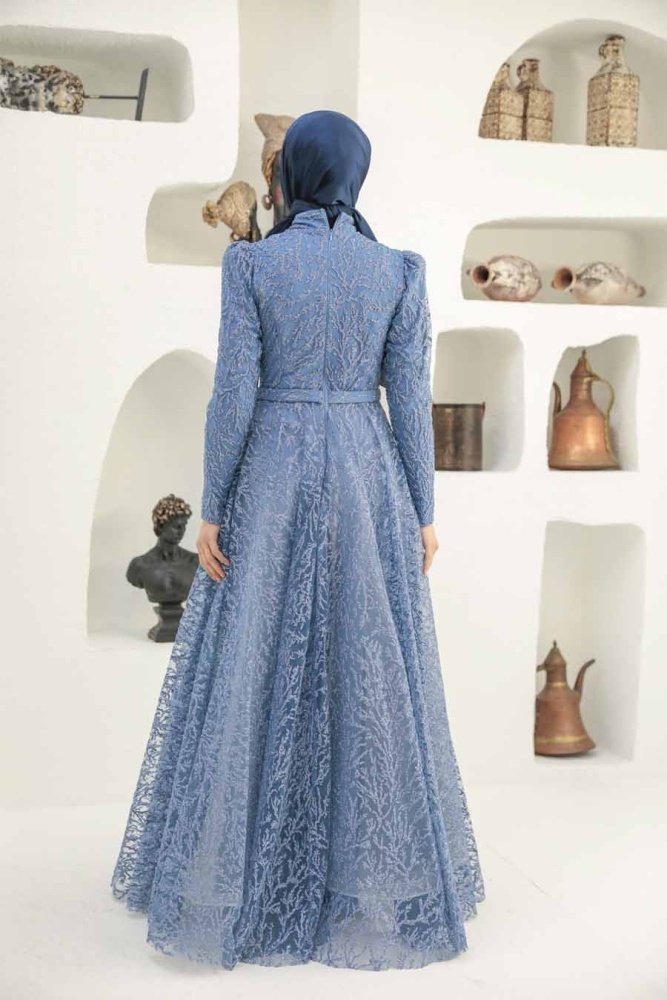 Neva Style - Luxury İndigo Blue Hijab Wedding Gown 22343IM - 2