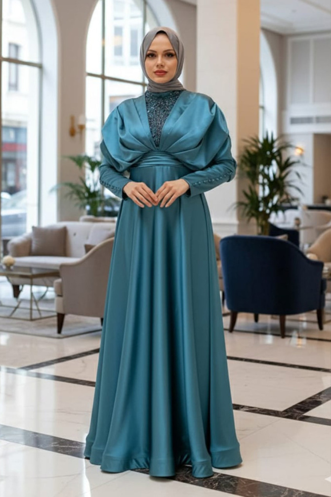 Neva Style - Luxorious İndigo Blue Modest Islamic Clothing Prom Dress 22451IM - 1
