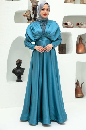 Neva Style - Luxorious İndigo Blue Modest Islamic Clothing Prom Dress 22451IM - Thumbnail