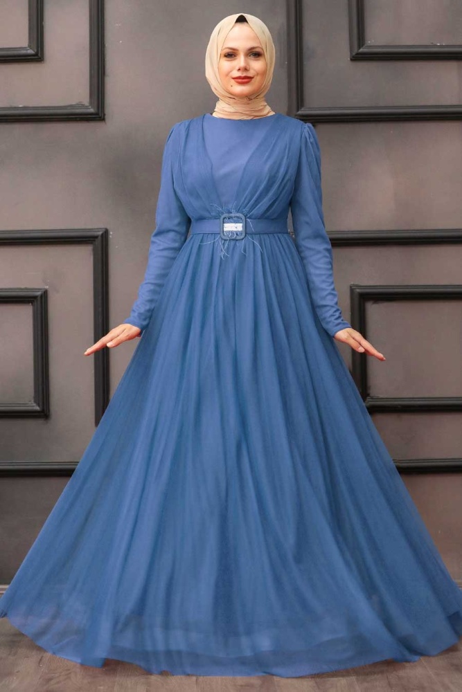 İndigo Blue Hijab Evening Dress 23341IM - 1