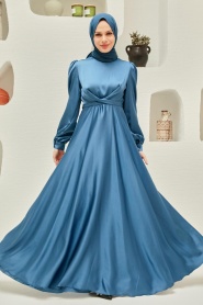 Neva Style - Satin İndigo Blue Modest Islamic Clothing Wedding Dress 3064IM - Thumbnail