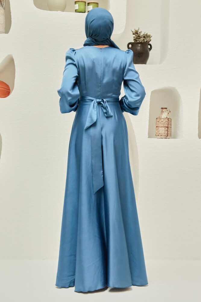 Neva Style - Satin İndigo Blue Modest Islamic Clothing Wedding Dress 3064IM - 2
