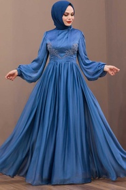 İndigo Blue Hijab Evening Dress 33190IM - Thumbnail